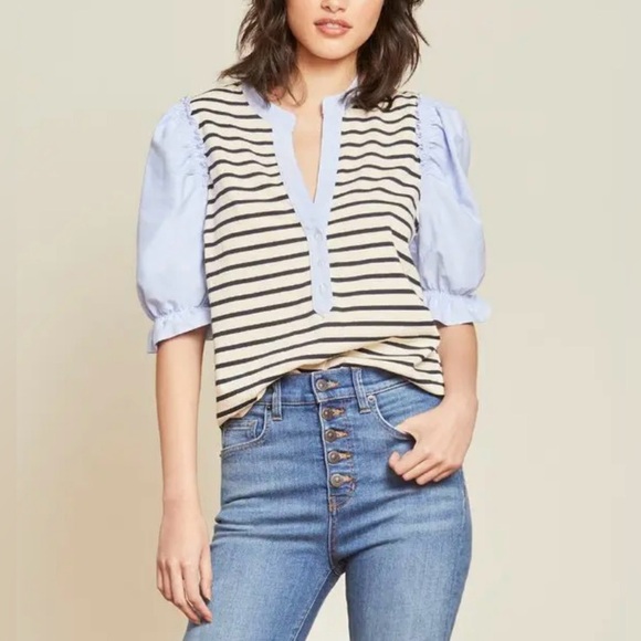 Veronica Beard Women’s Raegan Mixed-Media Top Puffed Ruffle Short Sleeves V-Neck - Picture 12 of 16